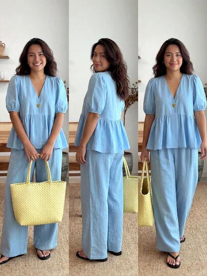 Enliva Plus-Size Women's Ruffled Puff Sleeve Two Pieces Set, V-Neck Cardigan Top And Stretch Waist Trousers Set