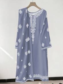 GlowEve Đầm nữ cổ tròn tay dài in họa tiết kiểu vintage mới, bộ 2 mảnh in họa tiết thời trang thường ngày kèm khăn choàng, đầm hè nữ, đầm thường ngày nữ - Nhiều màu - Xem 6