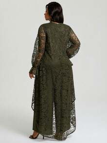 EMERY ROSE Plus Size Elegant Party Solid Color Lace Front Short Back Long Top And Pants 2 Piece Set Elegant Women's Set Summer Outfits Summer Clothes Spring Dress Spring Outfit Women Spring Clothing Elegant Women's Set Blouse And Pants Set Formal For Women  Party Wear Dresses For Women - Army Green - View 2