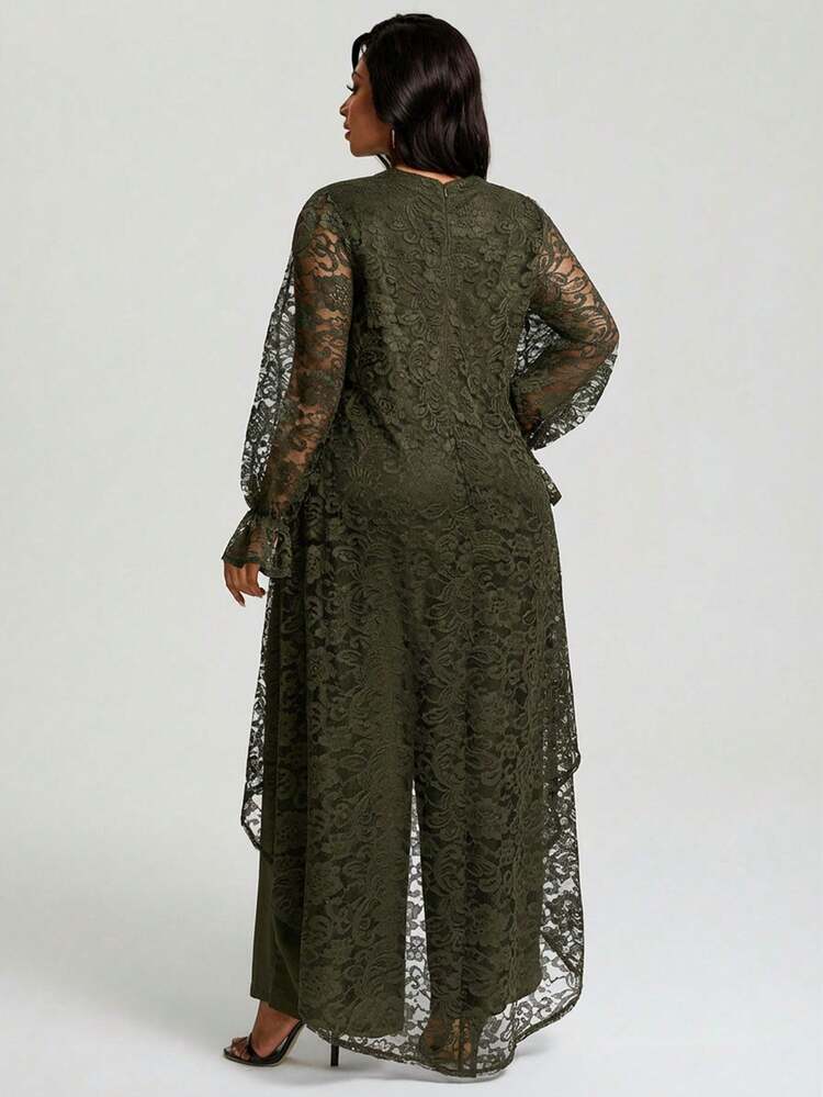 Plus Size Elegant Party Solid Color Lace Front Short Back Long Top And Pants 2 Piece Set Elegant Women's Set Summer Outfits Summer Clothes Spring Dress Spring Outfit Women Spring Clothing Elegant Women's Set Blouse And Pants Set Formal For Women  Party Wear Dresses For Women