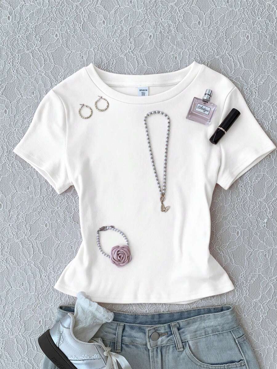 少女纯色圆领修身休闲短袖T恤，白色露脐上衣，适合春夏穿着 - 白色 - 查看 1