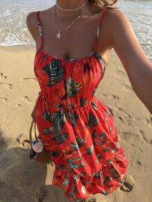 Breezaya Đầm nữ thanh lịch in hoa, đầm đỏ đi biển, đầm hai dây mùa hè. - Nhiều màu - Xem 5