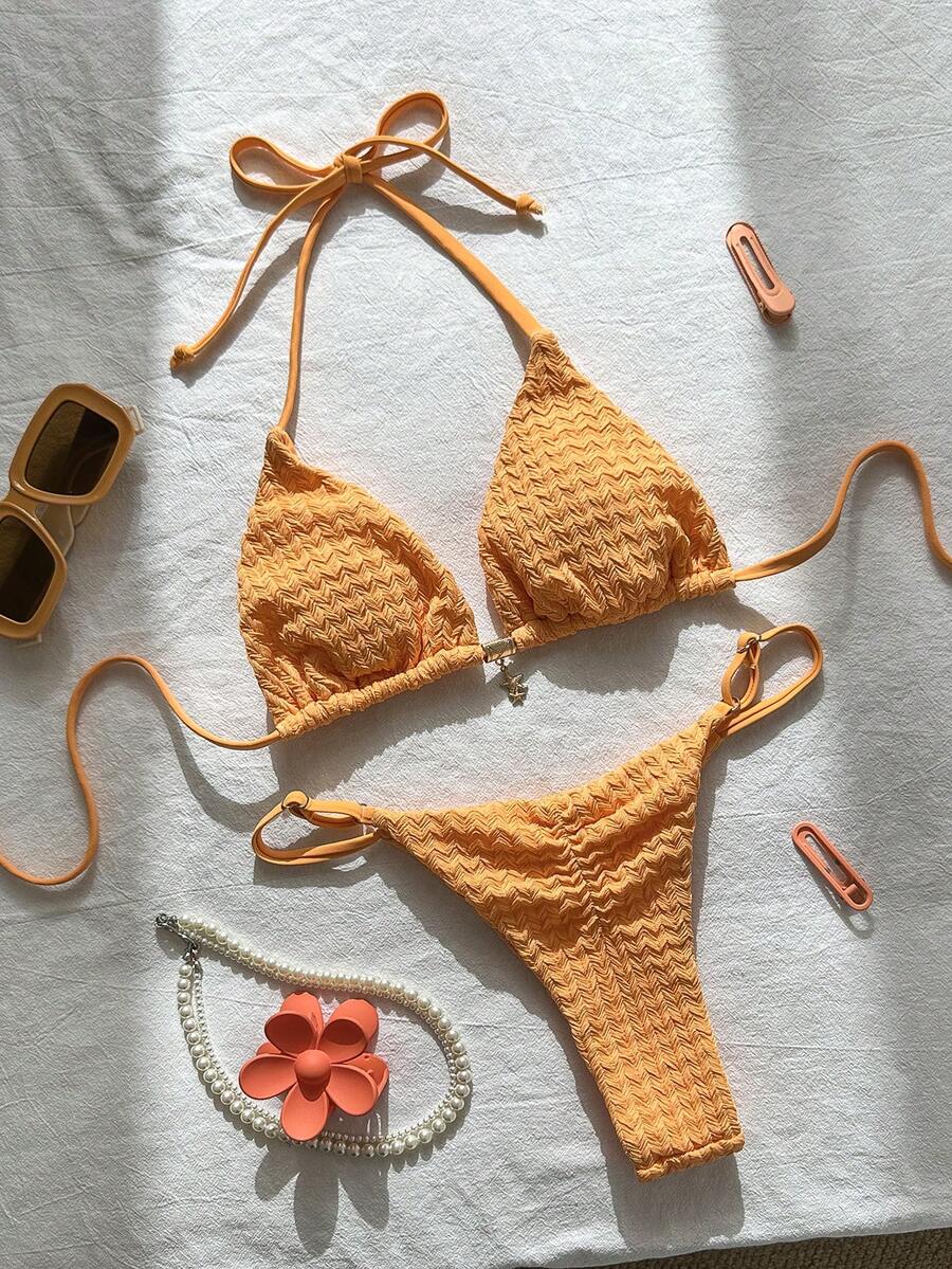 Swim Mod Women's Cute Orange Halter Tie Back Bikini Set With Thong Bottoms - Orange - View 1