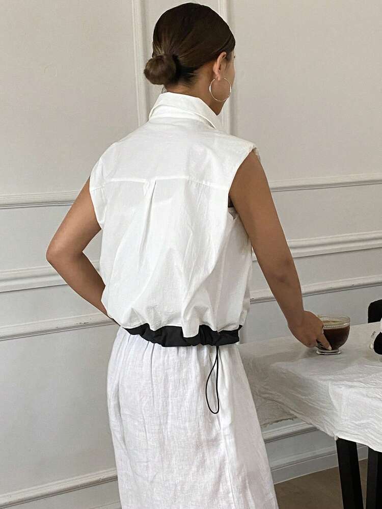Women's Casual Sleeveless Patchwork Color Block Letter Embroidery Loose Padded Shoulder Turndown Collar Blouse Top, Summer