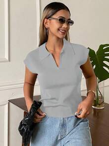 DAZY Women's Solid Color Fitted Polo Collar Elegant Formal Spring/Autumn Knit Top - Grey - View 5