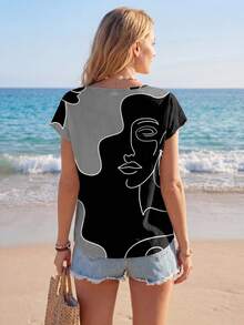 Sylviya 女士休闲简约抽象线条肖像印花衬衫 - 黑色 - 查看 2