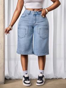 Slaydiva 女士宽松休闲阔腿牛仔裤，带数字图案口袋 - 淺色水洗藍 - 查看 2