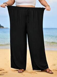SHEIN CURVE+ Calça Casual Sólida Oca para Mulheres Tamanho Curvilíneo EUA22, Férias na Praia, Boêmia, Primavera e Verão, Preta Casual Preta - Preto - Visão 8