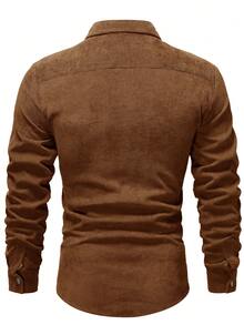 Manfinity Homme 男士灯芯绒翻盖口袋纽扣衬衫，秋冬季长袖上衣 - 棕色 - 查看 2