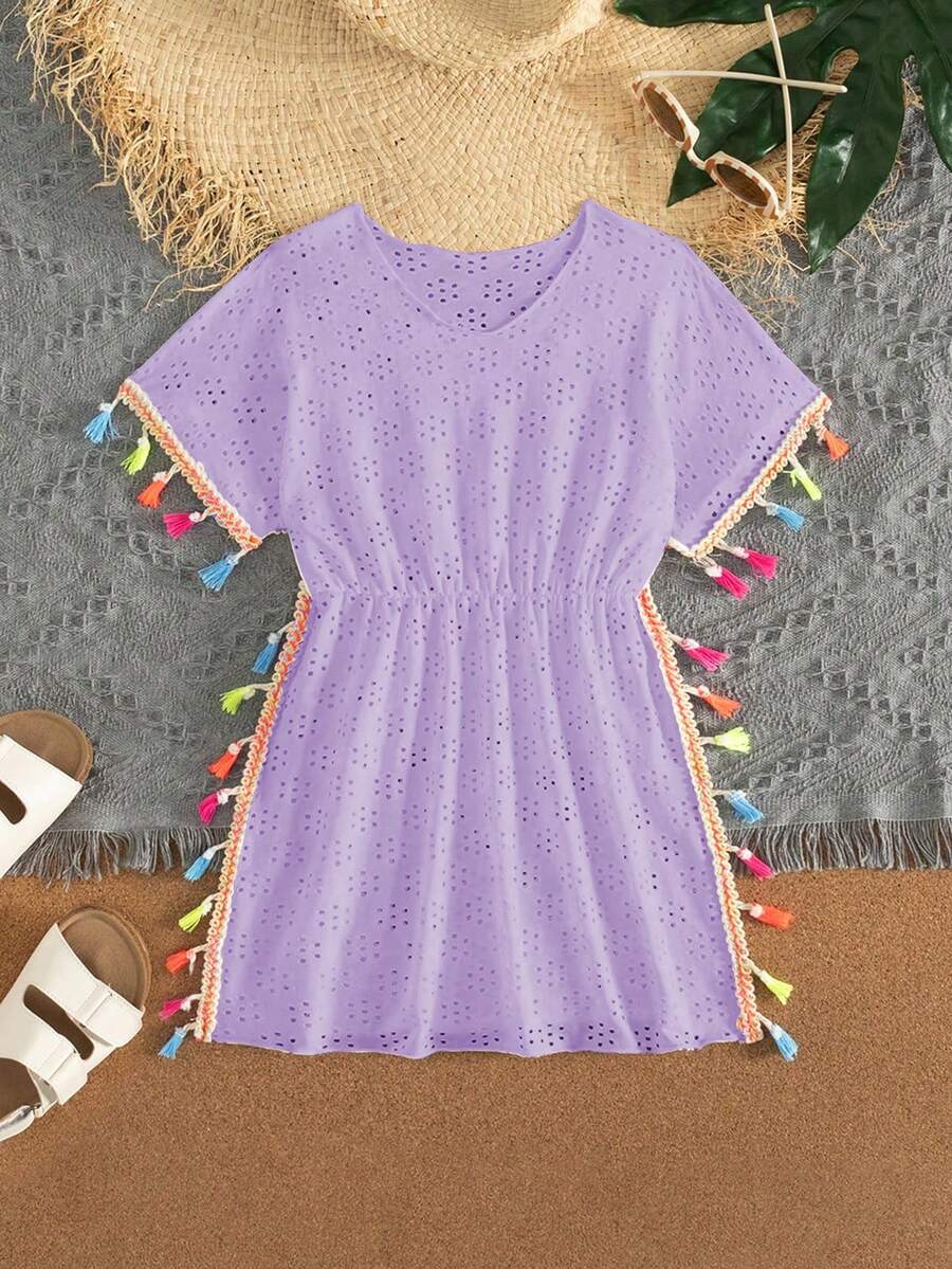 女童白色钩针网纱罩衫，适合夏季、海滩、度假穿着 - 淡紫色 - 查看 1