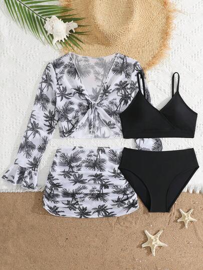 SHEIN Tween Girls' 4-Piece Swimsuit Set, Fashionable Printed Separate Swimwear, Ruffled Trim, Suitable For Swimming, Vacation, Beach, Pool, Summer Holiday Party