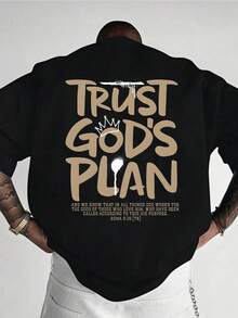 Manfinity Dauomo 信靠上帝的计划印花纯棉T恤，信仰T恤，适合春夏户外穿着，可作为父亲节礼物，简约百搭，男士新款纯棉T恤。 - 黑色 - 查看 2