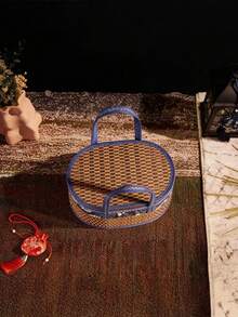 1 chiếc giỏ đựng đồ cắm trại gấp gọn đan từ tre, phủ vải batik, giỏ dã ngoại, phong cách nông thôn - Màu Khaki - Xem 4