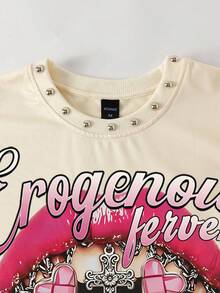 ROMWE MEN Street Life Camiseta de tirantes holgada con estampado de labios y letras, decoración de remaches, estilo casual y de moda para el uso diario en verano - Albaricoque - Ver 2