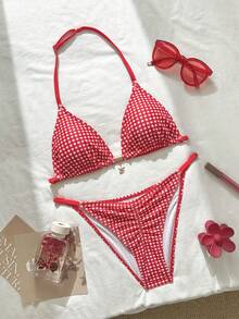 SHEIN Conjunto de bikini de tirantes con estampado de cuadros rojos y blancos, decoración de metal en el cuello, para adolescentes. Atuendo casual/resort/playa de verano - Rojo y blanco - Ver 5
