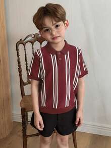DAZY Young Boy Striped Polo Collar Short Sleeve Casual Sweater Summer - Brown - View 3