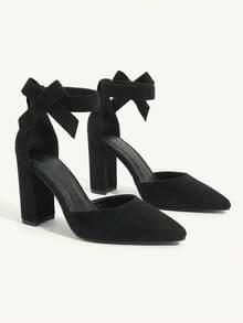 CUCCOO CHICEST 女士鞋女士优雅仿粗跟尖头踝带高跟鞋带蝴蝶结装饰夏季毕业高跟鞋舞会高跟鞋度假鞋夏季促销优雅高跟鞋圣诞节秋季新年假期 - 黑色 - 查看 1