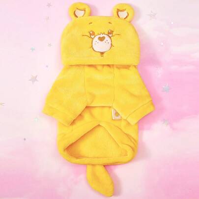 Care Bears X PETSIN 1件猫狗通用服装，黄色心形泰迪熊刺绣宠物变身服，3D尾巴珊瑚绒宠物角色扮演连帽衫，秋冬加厚保暖连帽衫
