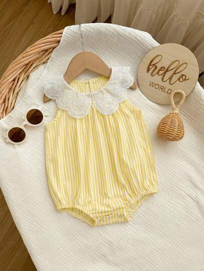 Newborn Baby Girl Cute Summer Casual Vacation Striped Ruffle Sleeveless Romper