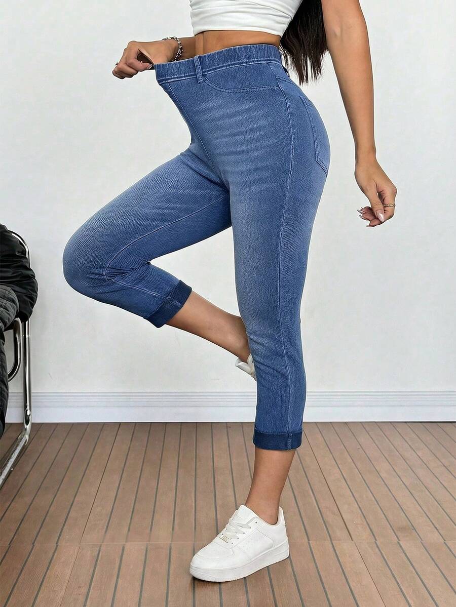 SHEIN Tall Quần thể thao nữ mùa hè, chất liệu co giãn thoải mái, cạp chun, dáng ôm, dài đến mắt cá chân, màu xanh dương, đa năng. - Rửa trung bình - Xem 1
