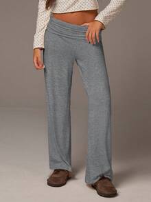Athîral Women's Casual Solid Color Fold-Over Waist Straight Leg Pants - Grey - View 3
