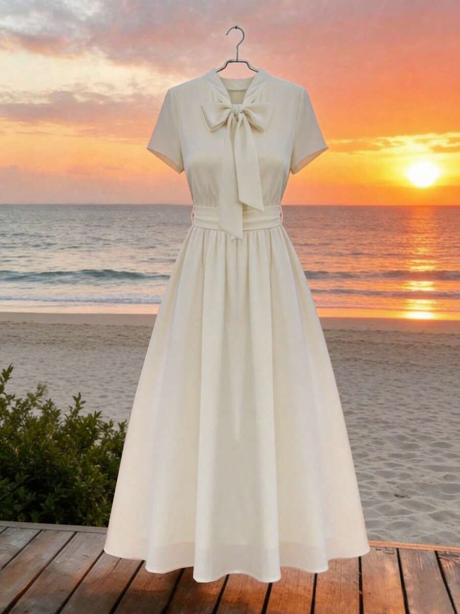 Lyxana Women's Elegant And Dignified Bowknot Collar Dress - Apricot - View 1
