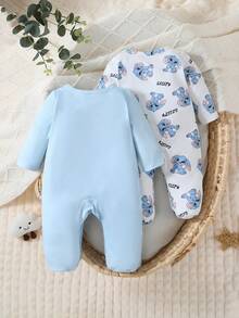 2件套新生儿蓝色系列可爱卡通动物印花长袖连脚连体睡衣 - 彩色 - 查看 2