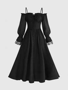 ROMWE Gothic Style Off-Shoulder High Slit Sheer Sleeve Dress For Women, Country - Black - View 1