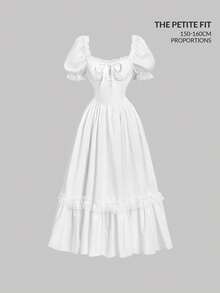 SHEIN MOD Petite 女士纯色心形领短花瓣袖前系带连衣裙 - 白色 - 查看 1