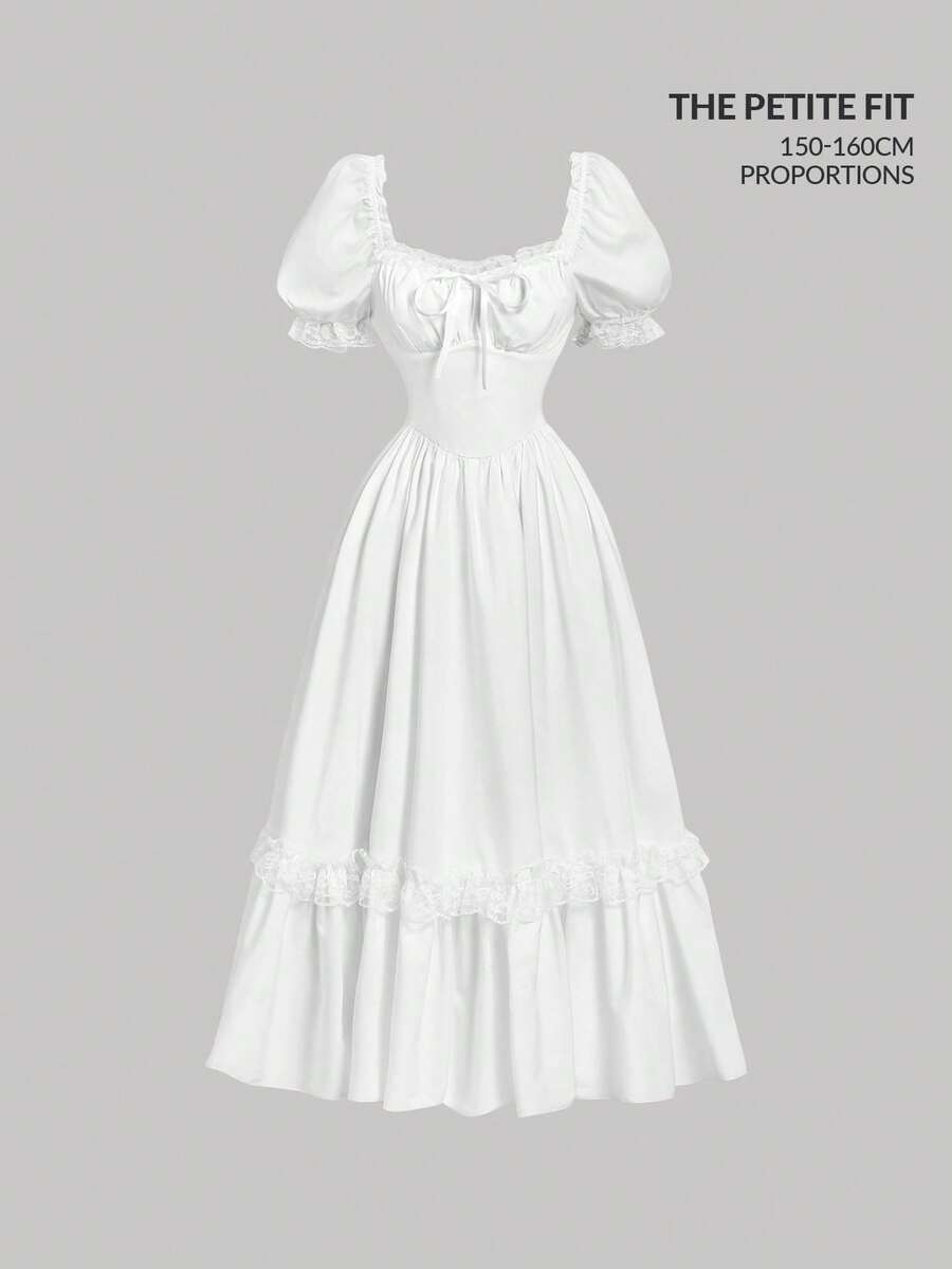 SHEIN MOD Petite 女士纯色心形领短花瓣袖前系带连衣裙 - 白色 - 查看 1