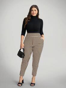 Comfylo Plus Size Houndstooth Print High Waist Slim Fit Pants - Brown - View 5