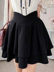 FRIFUL 女士V腰泡泡层叠短款纯色迷你裙 - 黑色 - 查看 1