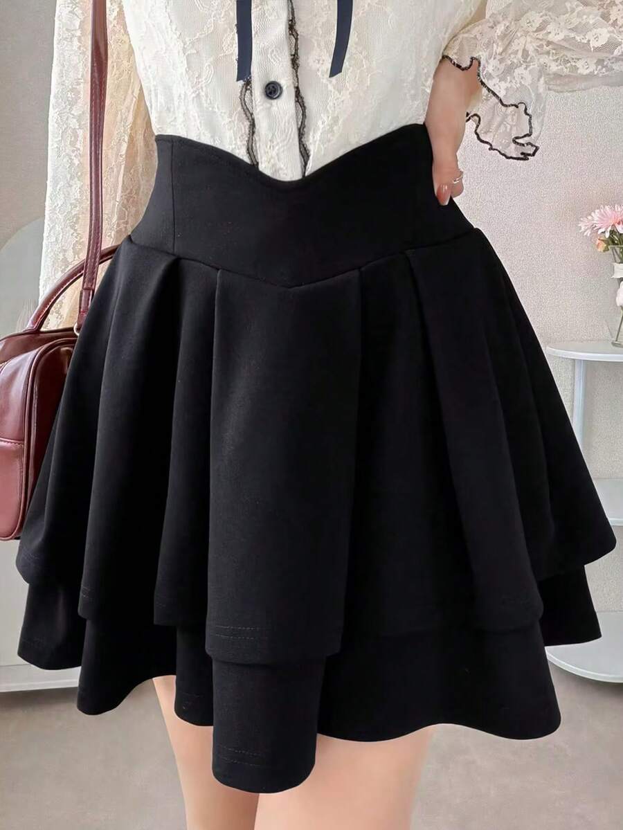 FRIFUL 女士V腰泡泡层叠短款纯色迷你裙 - 黑色 - 查看 1