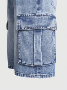 Quần short Bermuda denim ống đứng nhiều túi phong cách Y2K dành cho bé gái tuổi teen, quần short jeans cạp cao dáng rộng thoải mái, màu xanh trung bình + hiệu ứng mài rách, chất liệu denim cotton thoải mái, phù hợp cho mặc hàng ngày, đi nghỉ mát, đi học, đi làm. - Rửa trung bình - Xem 4