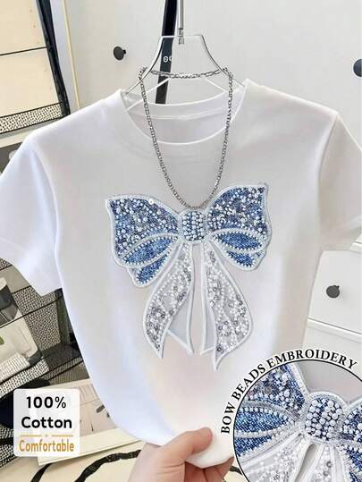 Resyla Women's Round Neck Bow Decor Casual Versatile Daily Wear Short Sleeve T-Shirt