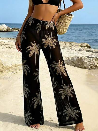 Swim Vcay Cross-Border Spring/Summer New Model Black Coconut Tree Print Decor Elegant Vacation Style Women Swimsuit With Long Pants