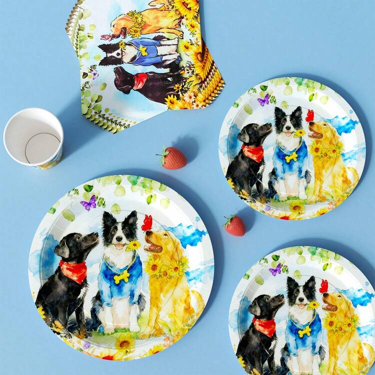 Flower Field Cute Dog Disposable Plates, Napkins And Cups Set, Serves 8 Guests. This Disposable Party Supplies Set (Including Plates, Napkins And Cups) Is Perfect For Birthday Parties, Weddings And Family Picnics. - View 5