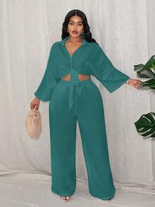 Slaydiva Bộ đồ mùa hè dành cho nữ cỡ lớn, kiểu dáng thường ngày, gợi cảm, tối giản, gồm áo tay lỡ thắt nơ và quần ống đứng. - Màu xanh lam - Xem 6