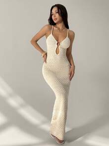 SHEIN PETITE 女士服装，米色圆形金属扣优雅现代针织连衣裙，适合度假、节日、商务休闲、海滩婚礼、情人节派对、复古、90年代、波西米亚风格等场合。 - 杏色 - 查看 11