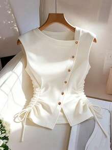 GlowEve Knitted Asymmetric Collar Button Oblique Placket Drop Shoulder Sleeve With Pleated Tie Bow Elegant Refined Commuter Casual T-Shirt Top For Women, White, Summer - White - View 3