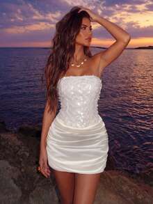 SHEIN Allurite Đầm ngắn không tay ôm dáng thanh lịch dành cho nữ, phối sequin, thích hợp cho du lịch, kỳ nghỉ, lễ hội âm nhạc, lễ tốt nghiệp. - Màu be - Xem 1