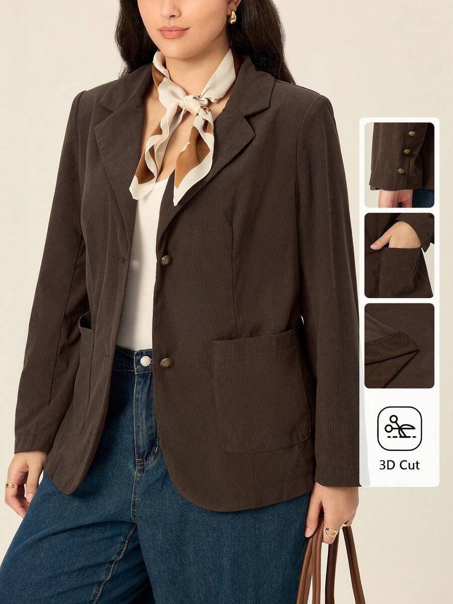 Juhart 大码女式休闲日常舒适灯芯绒罗纹金属扣装饰翻领西装外套，适合购物、聚会、通勤 - 棕色 - 查看 1