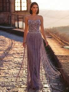 Glamrae 优雅奢华的串珠亮片流苏美人鱼裙摆性感无肩带连衣裙，适合婚礼、活动、派对、度假、盛会、正式场合（重工刺绣） - 紫色 - 查看 1