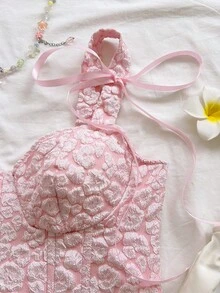 Soleia 女士花卉提花系带时尚优雅吊带衫 - 粉色 - 查看 6