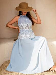 Breezaya Conjunto de 2 peças com Blusa de Decote Halter e Saia, Estilo Elegante de Férias com Bordado e Renda, Adequado para Primavera/Verão, Volta às Aulas, Férias, Formatura, Dia dos Namorados, Natal, Festival de Música, Dia das Mães, Halloween, Ação de Graças, Páscoa, Dia Nacional, Baile de Formatura, Aniversário, Encontro, Casamento, Atividades ao Ar Livre - Azul - Visão 9