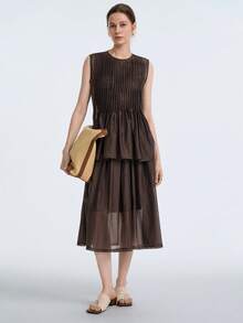 SHEIN Stylify 女士百褶圆领无袖上衣和迷你裙两件套，优雅设计 - 咖啡棕 - 查看 5