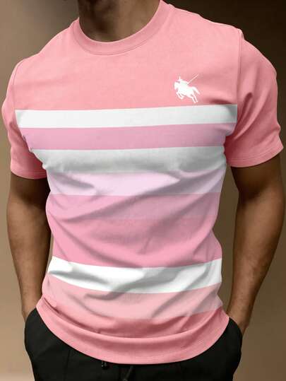 Manfinity Homme Men's Summer Casual Pink White Horizontal Stripe Polo Player Horse Riding Equestrian Logo Graphic Print T-Shirt Vintage Streetwear Old Money Preppy Classic Sports Athletic Golf Going Out Office Holiday Vacation Crew Neck Short Sleeve Slim Fit Breathable Soft Comfortable Tee Top,Men's Casual Striped Knight Print Round Neck Short Sleeve T-Shirt