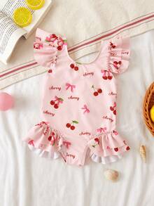 SHEIN Baby Girl Cherry Print Ruffled Sleeve One-Piece Swimsuit, Soft & Skin-Friendly - Pink - View 1