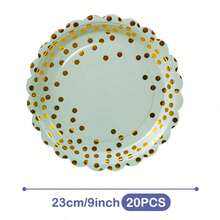 Bộ đĩa, khăn ăn và cốc dùng một lần màu xanh lá cây chấm bi vàng hình cánh hoa, phục vụ 20 người. Bộ đồ dùng tiệc dùng một lần này (bao gồm đĩa, khăn ăn và cốc) rất phù hợp cho các bữa tiệc sinh nhật, đám cưới và dã ngoại gia đình. - Xem 8