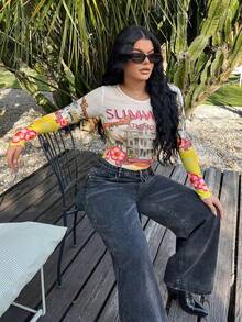 SHEIN SXY Sheer Printed Long Sleeve Romper, Vacation Beach Cover Up - Multicolor - View 3